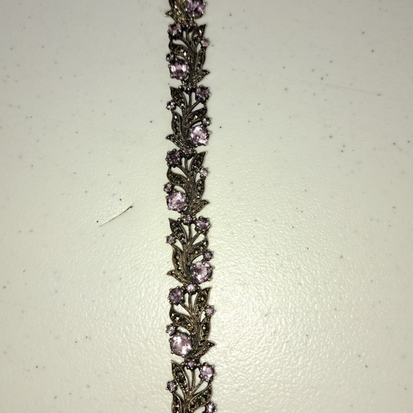 Beautiful Vintage Sterling Silver Amethyst Marcasite Flower Leaf Bracelet - Picture 1 of 12